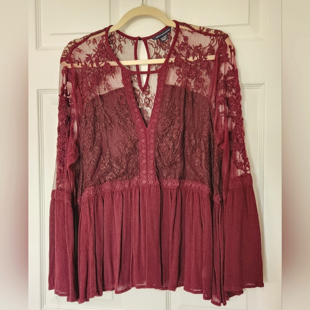 American Eagle Outfitters Burgundy Lace Peasant Blouse